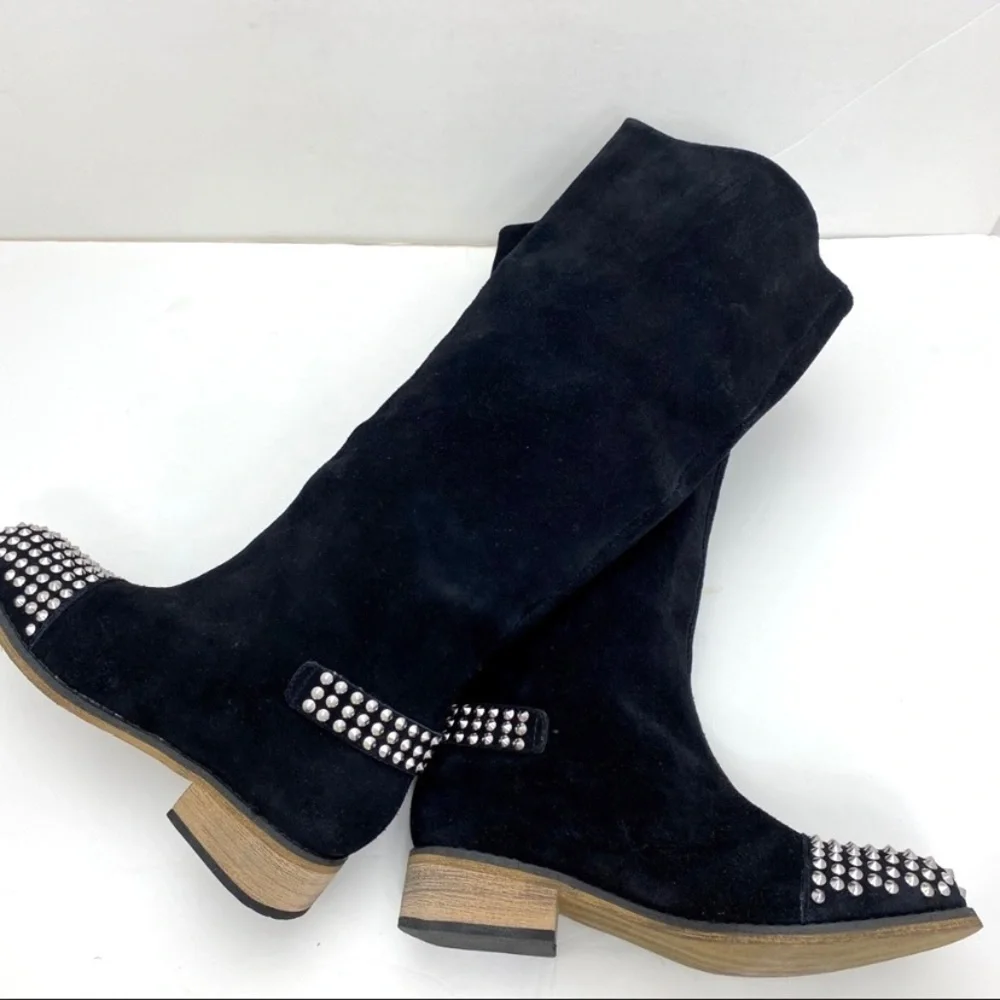 KELSI Dagger Studded Cup toe Rover Suede Knee High Riding Moto Boot in Black